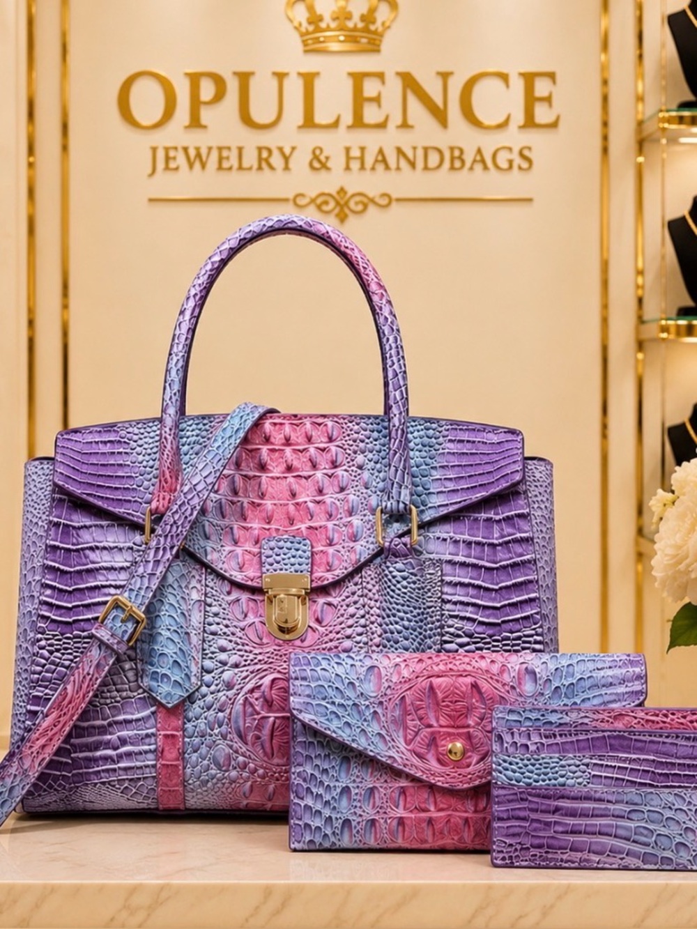 3pc Croc-Embossed  Satchel in Purple & Pink